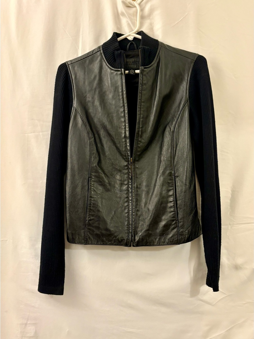 Jaclyn Smith Black Leather Jacket with Black Knit Sleeves